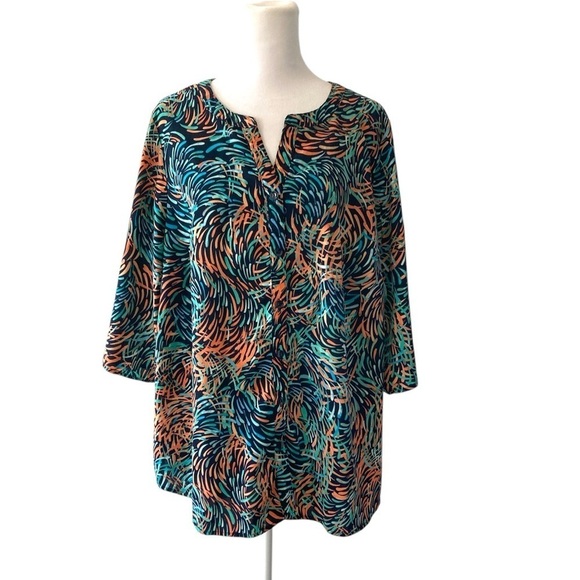 Catherines petite 14 16 0XWP button down 3/4 sleeves blue green orange - Picture 1 of 11
